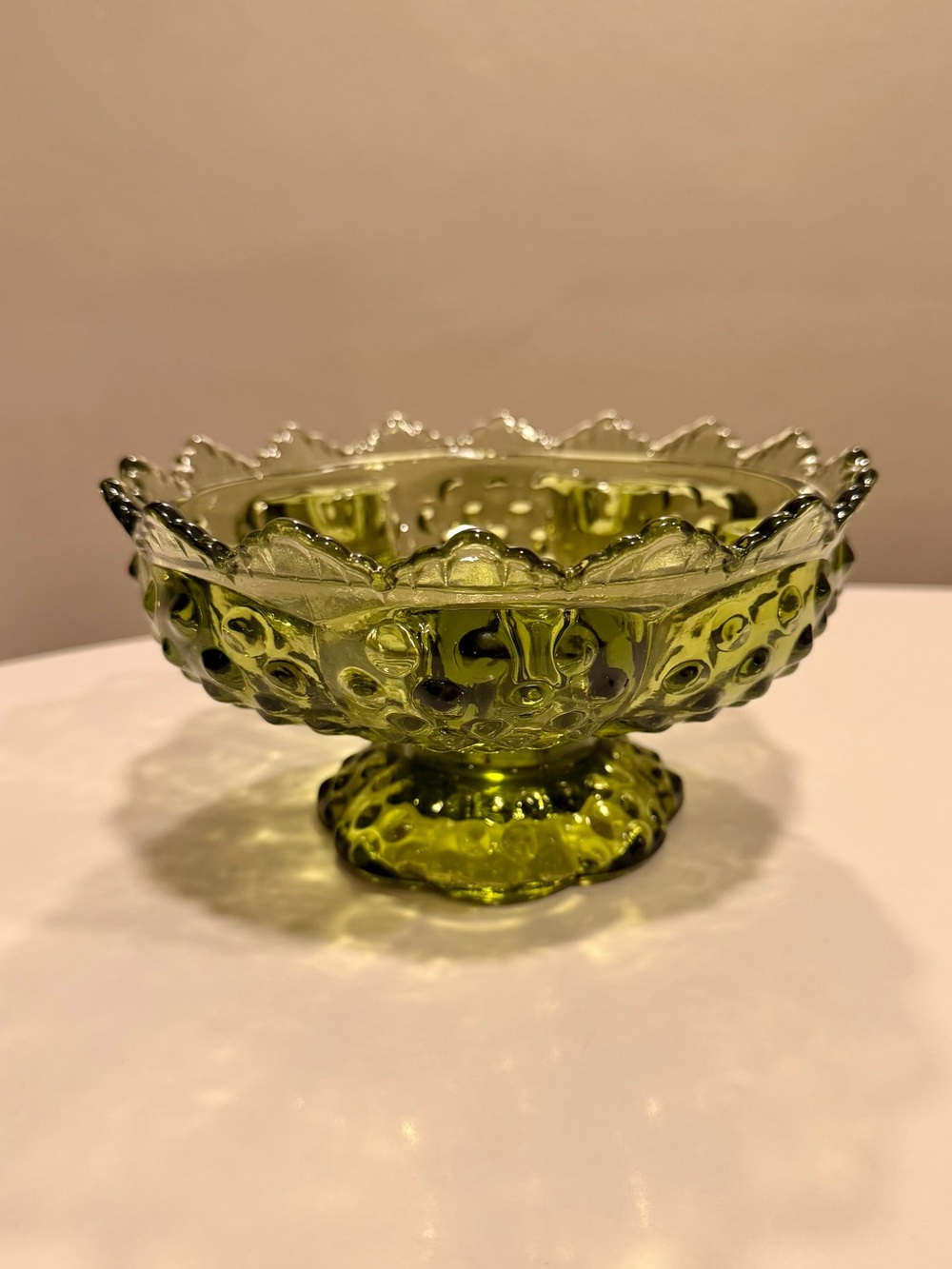 60s-70s Vintage 🌿 Fenton Art Glass Colonial Green Hobnail Candle Bowl - Picture 4 of 4